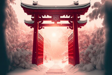 Snowy Red Gate Open With Inside Light. Asian Temple Architecture, Isolated On A Crimson Backdrop. Concept Of A Fresh Start And Welcome. Generative AI