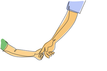 Poster - Continuous one line drawing parent holds hand of small child. Childhood with family. Boy have bonding with his father. Hero father and family pride. Single line draw design vector graphic illustration
