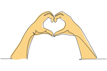 Poster - Single one line drawing hands making sign or symbol heart by fingers. Beautiful hands with copy space. Love concept with hand gestures. Modern continuous line draw design graphic vector illustration