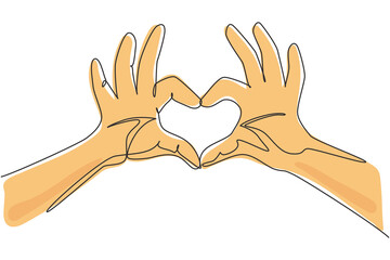 Poster - Single one line drawing hands making sign or symbol heart by fingers. Beautiful hands with copy space. Love concept with hand gestures. Modern continuous line draw design graphic vector illustration
