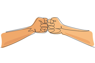 Poster - Continuous one line drawing two hands make fist bump. Sign or symbol of power, hitting, attack, force. Communication with hand gestures. Nonverbal signs. Single line design vector graphic illustration