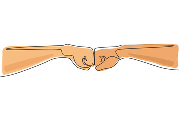 Poster - Single continuous line drawing hands of two men pumping their fists. Sign or symbol of power, hitting, attack, force. Communication with hand gestures. One line draw graphic design vector illustration