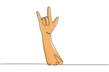 Poster - Continuous one line drawing rock on gesture symbol. Heavy metal or resistance hand gesture. Nonverbal signs or symbols. Hand variation shape. Single line draw design vector graphic illustration