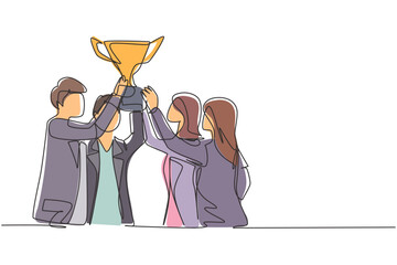 Poster - single one line drawing young business team holding trophy showing success. symbol of achievement an