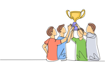 Poster - Single one line drawing male athlete team in sports jersey holding golden trophy together. Celebrating victory of international championship. Continuous line draw design graphic vector illustration