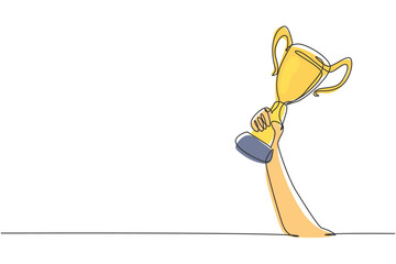 Poster - Single continuous line drawing gold trophy held by one hand. Symbol of winning championships, matches and sports competitions. Best achievement ever. One line draw graphic design vector illustration