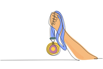 Poster - Single one line drawing gold medal held by one hand. Symbol of winning championships, matches and sports competitions. Best achievement ever. Continuous line draw design graphic vector illustration