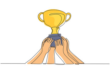 Poster - Continuous one line drawing golden trophy held by many hands. Symbol of winning championships, matches and sports competitions. Best achievement. Single line draw design vector graphic illustration