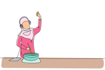 Poster - Continuous one line drawing young beautiful Arab woman drinking orange juice while making phone call with smartphone and having breakfast at home. Single line draw design vector graphic illustration