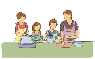 Wall Mural - Continuous one line drawing happy family mom, dad, little daughter and son are cooking food in kitchen together, kitchenware, crockery, house, home. Single line draw design vector graphic illustration