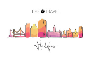 Poster - Continuous one line drawing Halifax city skyline, Nova Scotia Canada. Beautiful landmark. World landscape tourism travel wall decor poster print. Stylish single line draw design vector illustration
