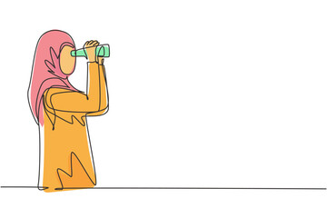 Poster - Continuous one line drawing Arab woman looking in distance with binoculars. Enjoy beauty of nature as far as the eye can see. Find something interesting. Single line design vector graphic illustration