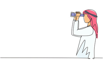 Poster - Single continuous line drawing Arabic man looking in distance with binoculars. Enjoy beauty of nature as far as the eye can see. Find something interesting. One line graphic design vector illustration