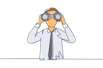 Poster - Single continuous line drawing young businessman looking through binoculars searching for job. Find all opportunities in the world of suitable jobs. One line draw graphic design vector illustration