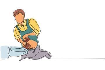 Poster - Continuous one line drawing attractive male is getting modern haircut in barber shop. Top view of young man getting his hair washed and his head massaged in hair salon. Single line draw design vector