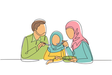 Wall Mural - Single continuous line drawing Arabian family having fun together in restaurant. Parents feeds they daughter with love. Happy little family concept. One line draw graphic design vector illustration