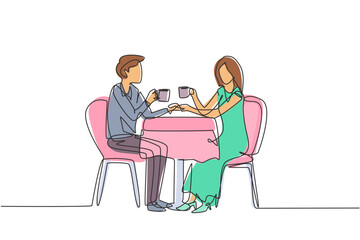 Wall Mural - Single continuous line drawing young couple face to face having a romantic dinner, both holding cups. Celebrating wedding anniversary at restaurant. One line draw graphic design vector illustration