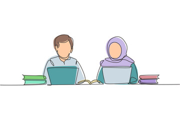 Poster - single one line drawing arabian couple studying with laptop and pile of books. back to school, smart