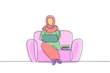 Poster - Continuous one line drawing young Arabian female with laptop sitting on sofa. Freelance, distance learning, online courses, and studying concept. Single line draw design vector graphic illustration
