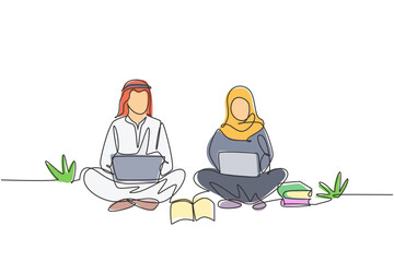 Aufkleber - Continuous one line drawing Arabian couple with laptop sitting at the park together. Freelance, distance learning, online courses, studying concept. Single line draw design vector graphic illustration