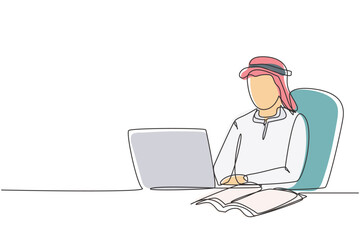 Poster - Single one line drawing Arabian man studying with laptop and open book. Back to school, intelligent student, online education concept. Modern continuous line draw design graphic vector illustration