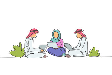 Poster - Single continuous line drawing three Arabian students studying with laptop and sitting at the park together. Back to school, online education concept. One line draw graphic design vector illustration