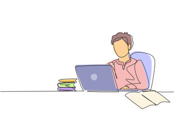 Aufkleber - Continuous one line drawing young Arabian boy studying with laptop and pile of books. Back to school, intelligent student, online education concept. Single line draw design vector graphic illustration