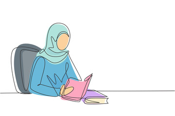 Poster - Single continuous line drawing Arabian woman reading, learning and sitting on chair around table. Study in library. Smart student, education concept. One line draw graphic design vector illustration