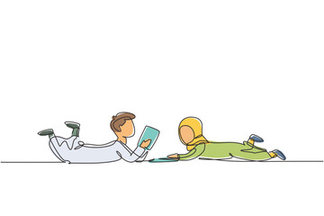 Poster - single one line drawing two arabian kids boy and girl reading, learning and laying down on the floor