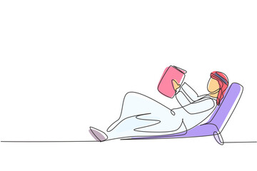 Poster - Single continuous line drawing young Arab man reading, learning and laying down on recliner sofa. Literature fans or lovers. Education concept. Dynamic one line draw graphic design vector illustration