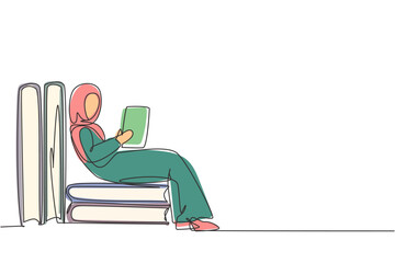 Poster - Continuous one line drawing young Arab woman reading, learning, sitting and backrest on pile of big books. Study at home. Smart student, education. Single line draw design vector graphic illustration