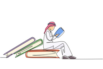 Poster - Single one line drawing young Arab student male reading, learning and sitting on big books. Study in library. Literature fans or lovers. Modern continuous line draw design graphic vector illustration