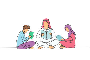 Poster - single continuous line drawing arabian male teacher and two students boy and girl reading, learning 