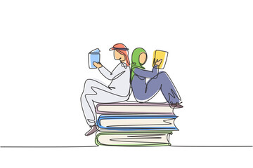 Poster - Single one line drawing Arabian students woman and man reading, learning and sitting on big books. Study in library. Literature fans or lovers. Continuous line draw design graphic vector illustration