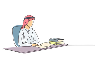 Poster - Continuous one line drawing young Arab male reading, learning and sitting on chair around table. Study in library. Smart student, education concept. Single line draw design vector graphic illustration