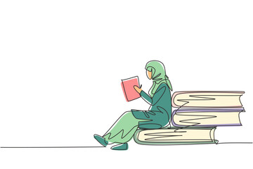 Poster - continuous one line drawing young arabian female reading, learning and sitting on big books. study a
