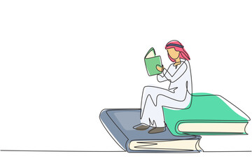 Poster - Single one line drawing young Arab student male reading, learning and sitting on big books. Study in library. Literature fans or lovers. Modern continuous line draw design graphic vector illustration