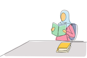Poster - Continuous one line drawing young Arabian female reading, learning and sitting on chair around table. Study in library. Smart student, education. Single line draw design vector graphic illustration