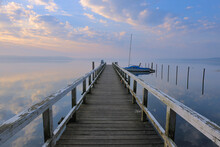 Sunrise And Jetty At Plauer See, Plau Am See, Mecklenburg Lake District, Mecklenburg-Vorpommern, Germany
