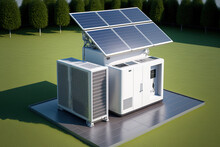 Solar Panels And An Air Heat Pump. A Home With Alternative Energy Sources. Generative AI
