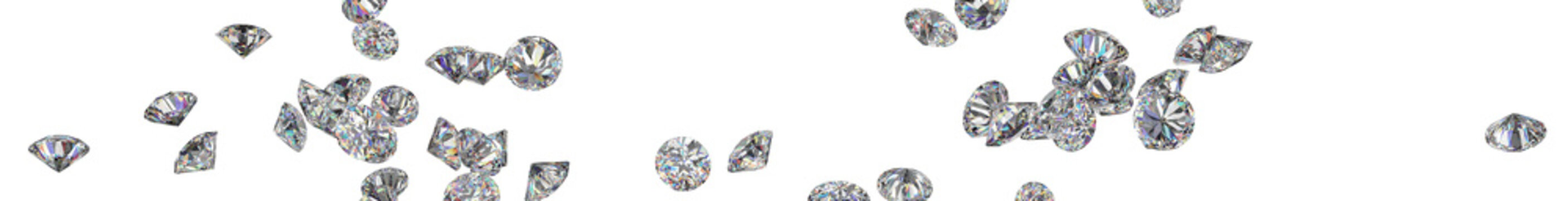 Shiny Diamonds on black surface background. Concept image of luxury living, expensive things and high added value. 3D CG. Full banner size. PNG file format.