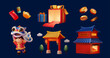 3D illustration of cny elements include asian child performing lion dance, dissected giftbox with red carpet rolling out, coins, gold ingot, red envelope, chinese building and firecracker decoration.