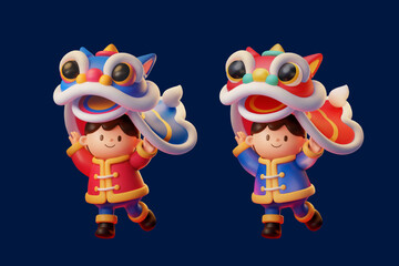 Poster - 3D illustration of cny cute asian children lifting chinese lion head above head height performing lion dance isolated on indigo background.