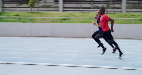 Canvas Print - Running track, men and race, stadium and competition, exercise and fitness, energy and speed challenge. Two runners, athletes and olympics training, cardio and action for marathon, sprint and sports