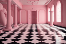 Pink Dreamlike Interior With Abstract Checkerboard Floor. A Room With A Tiled Floor And No Horizon. Generative AI