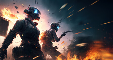 dramatic video game style key art with heroic characters and dynamic explosion and combat.
