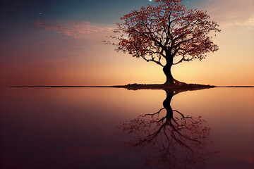 tree of life reminiscent of Yggdrasil reflected in an icy lake at night, dramatic starry sky in the background