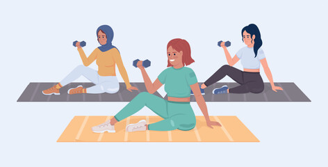 Poster - Women exercising in gym semi flat color vector character. Editable figure. Full body people on white. Training session simple cartoon style illustration for web graphic design and animation