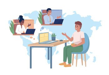 Poster - Online job meeting flat concept vector illustration. Internet network. Editable 2D cartoon characters on white for web design. International workers creative idea for website, mobile, presentation