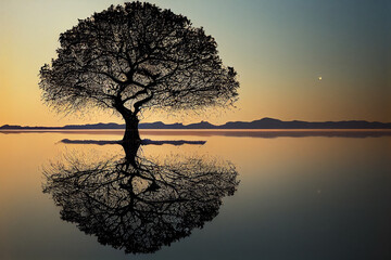 tree of life reminiscent of Yggdrasil reflected in an icy lake at night, dramatic starry sky in the background